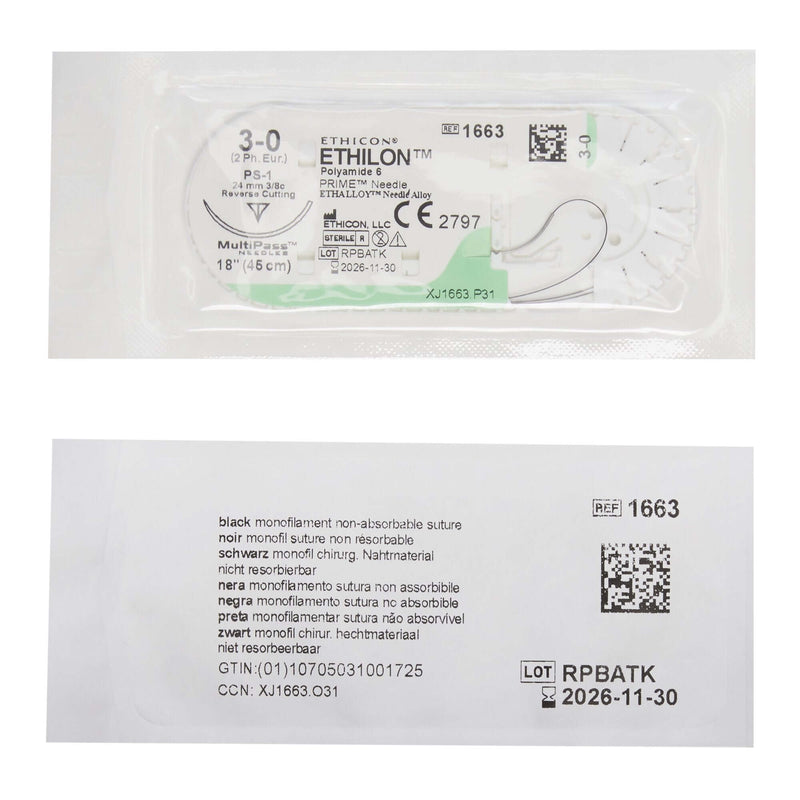 Ethilon™ Nylon PS-1 3/8 Circle Reverse Cutting Needle Size 3-0 Monofilament | SurgiMac Dental Supply