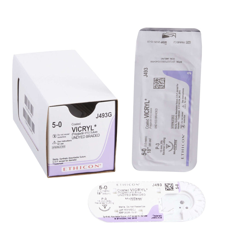 Absorbable Suture with Needle Coated Vicryl™ Polyglactin 910 P-3 3/8 Circle Precision Reverse Cutting Needle Size 5-0 Braided | SurgiMac Dental Supply