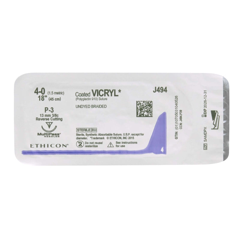 Absorbable Suture with Needle Coated Vicryl™ Polyglactin 910 P-3 3/8 Circle Precision Reverse Cutting Needle Size 4-0 Braided | SurgiMac Dental Supply
