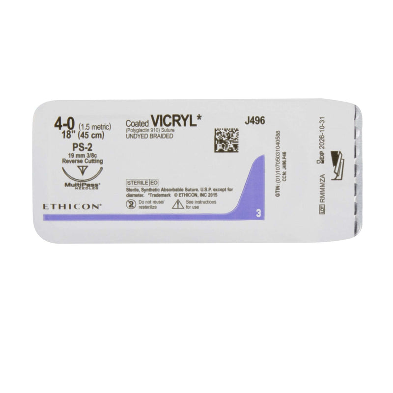 Vicryl™ Polyglactin 910 PS-2 3/8 Circle Precision Reverse Cutting Needle Size 4-0 Braided | SurgiMac Dental Supply
