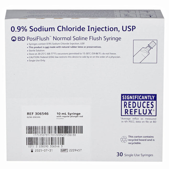 BD | BD PosiFlush IV Flush Solution Sodium Chloride, Preservative Free 0.9% Injection Prefilled Syringe 10 mL | 306499-BX