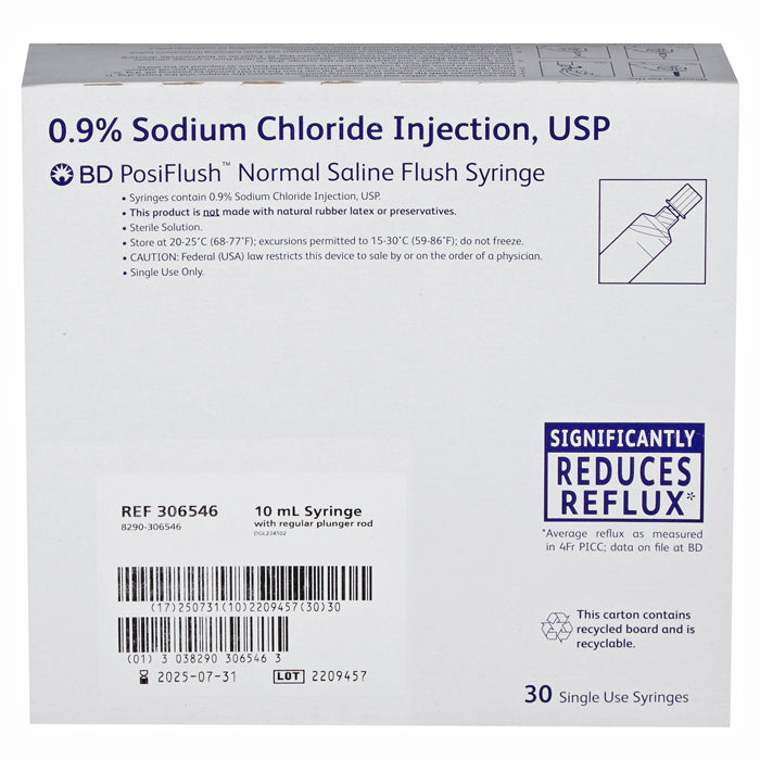 BD PosiFlush IV Flush Solution Sodium Chloride, Preservative Free 0.9% Injection Prefilled Syringe 10 mL 306499-BX