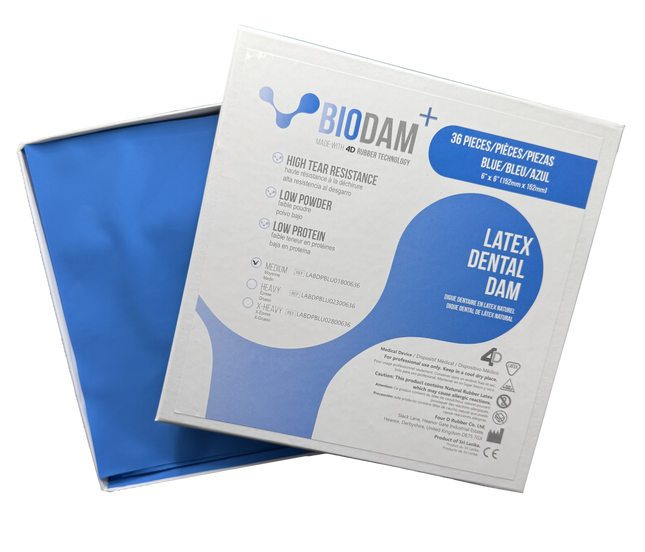 Biodam+ 6”x 6“ Latex Dental Dam Package of 36