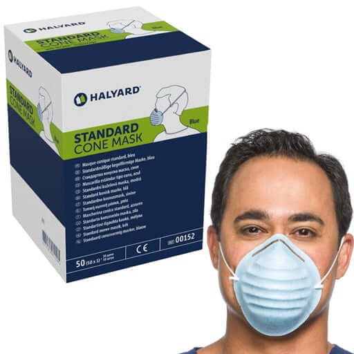 Halyard Molded Cone-Style Mask with Headband - Blue, 50/Bx. Protective 3-Layer Construction | SurgiMac Dental Supply