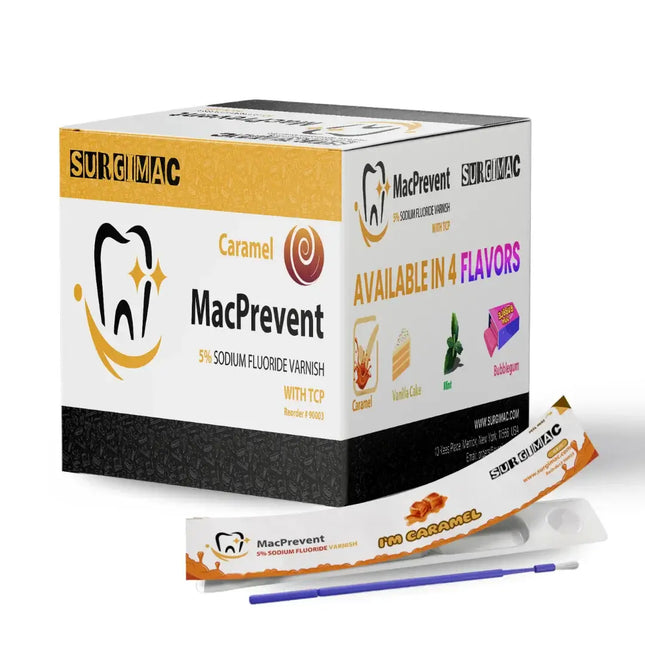 SurgiMac 5% Sodium Fluoride Varnish with TCP, Caramel, 0.4ml unit, MacPrevent | SurgiMac Dental Supply