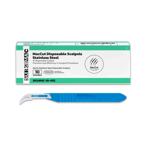 #12 Sterile Stainless Steel Disposable Scalpel Blades with Plastic Handle | MacCut by SurgiMac | Box of 10 MC-10-4112