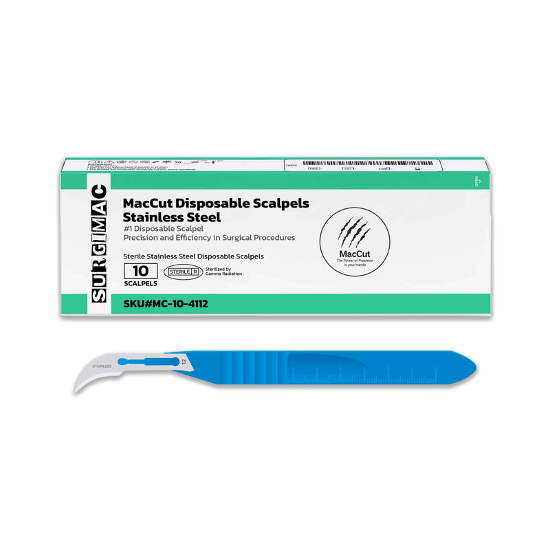 #12 Sterile Stainless Steel Disposable Scalpel Blades with Plastic Handle | MacCut by SurgiMac | Box of 10 MC-10-4112