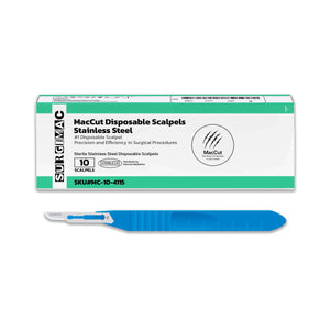 #15 Sterile Stainless Steel Surgical Scalpel Blade with Plastic Handle | MacCut by SurgiMac | Box of 10 MC-10-4115