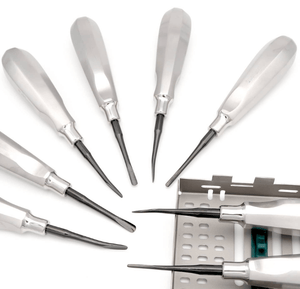 SurgiMac Set of 4 Luxating Elevators, Non- Serrated, Black (TiN) Tips (3MM curved, 3MM straight, 5MM curved, 5MM straight), Stainless Steel, Air Series, 4/Pk | SurgiMac Dental Supply