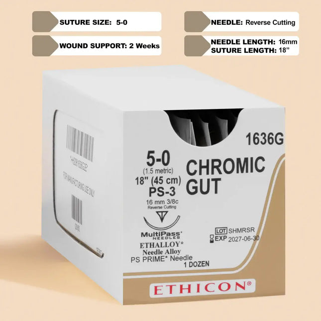 Ethicon 5/0, 18" Chromic Gut, 18" PS-3, Absorbable Suture with Precision Point Reverse