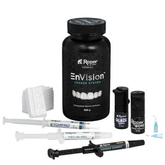 Rodin EnVision Intro Kit- Shade 0M1: 1 x 600g Rodin EnVision Veneer Resin Shade 0M1, 2 x 3g Rodin Veneer Cement (Clear), 2 x 3g Rodin Try-in Gel (Clear), 1 x 3g | SurgiMac Dental Supply