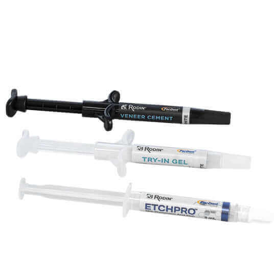 Rodin EnVision Intro Kit- Shade 0M1: 1 x 600g Rodin EnVision Veneer Resin Shade 0M1, 2 x 3g Rodin Veneer Cement (Clear), 2 x 3g Rodin Try-in Gel (Clear), 1 x 3g | SurgiMac Dental Supply