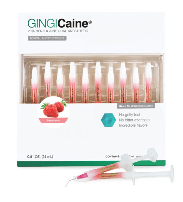 GINGICaine Topical Anesthetic Gel in Syringe. 20 x 1.2 ml Prefilled Syringes | SurgiMac Dental Supply