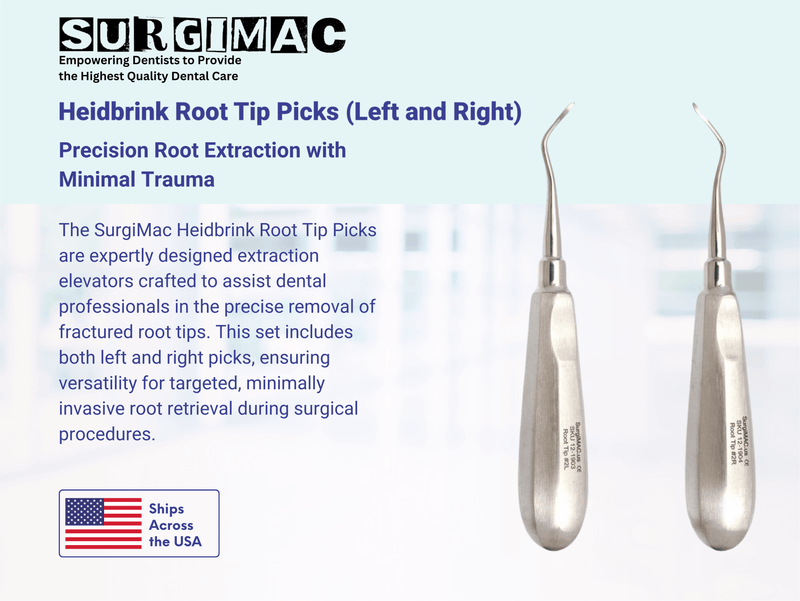 SurgiMac Heidbrink Root Tip Picks, Set of Left and Right, Extraction Elevators, Stainless Steel, Pro Series, 2/Pk | SurgiMac Dental Supply
