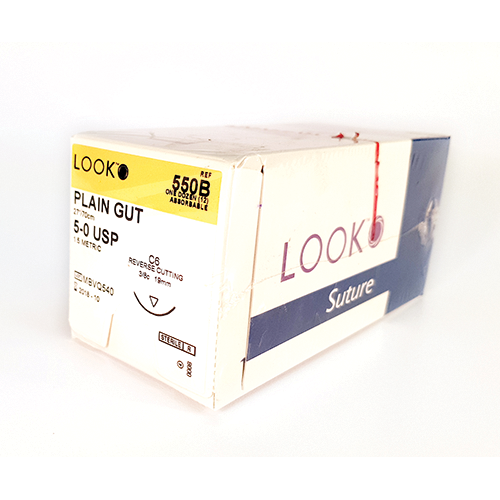 Absorbable Suture with Needle LOOK Plain Gut C6 3/8 Circle Reverse Cutting Needle Size 5 - 0 | 550B | Corza Medical | SurgiMac