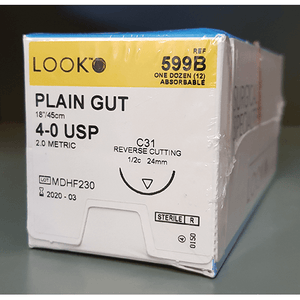 Absorbable Suture with Needle LOOK Plain Gut C31 1/2 Circle Reverse Cutting Needle Size 4 - 0 599B
