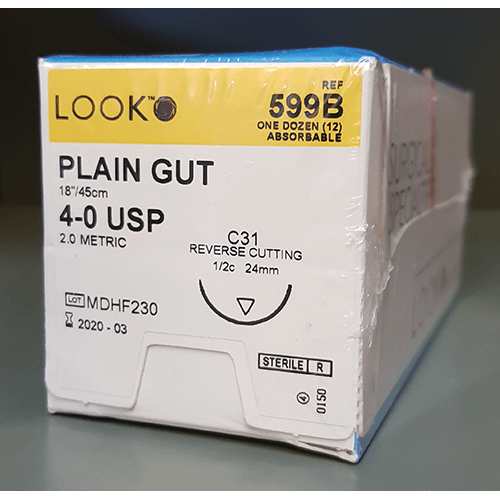 Absorbable Suture with Needle LOOK Plain Gut C31 1/2 Circle Reverse Cutting Needle Size 4 - 0 599B