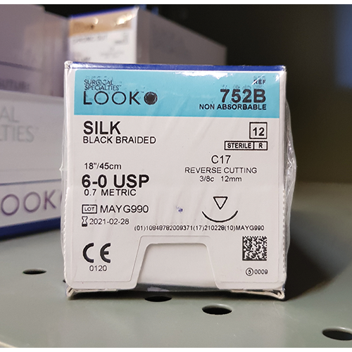 Nonabsorbable Suture with Needle LOOK Silk C17 3/8 Circle Reverse Cutting Needle Size 6 - 0 Braided | 752B | Corza Medical | SurgiMac