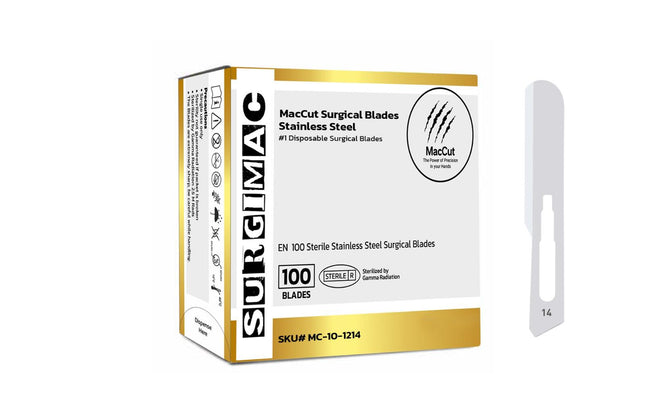 SurgiMac | #14 Sterile Stainless Steel Surgical Scalpel Blade | MacCut by SurgiMac | Box of 100 | MC-10-1214