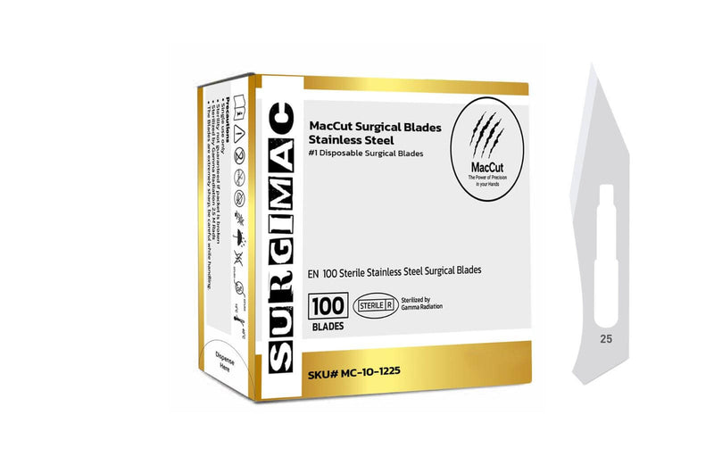 #25 Sterile Stainless Steel Surgical Scalpel Blade | MacCut by SurgiMac | Box of 100 MC-10-1225