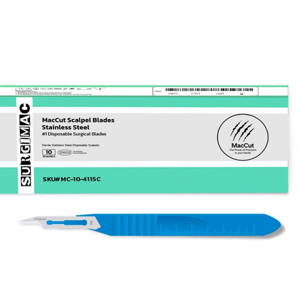 SurgiMac | #15C Sterile Stainless Steel Surgical Scalpel Blade with Plastic Handle | MacCut by SurgiMac | Box of 10 | MC-10-4115C