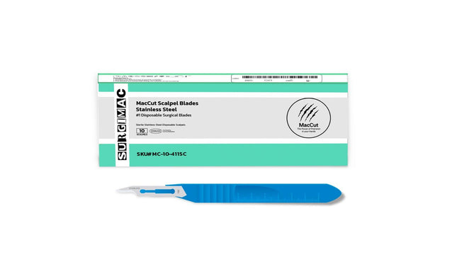 SurgiMac | #15C Sterile Stainless Steel Surgical Scalpel Blade with Plastic Handle | MacCut by SurgiMac | Box of 10 | MC-10-4115C