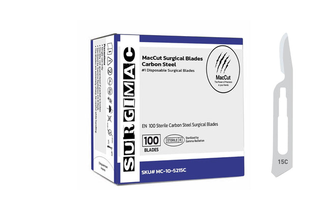 SurgiMac | #15C Sterile Carbon Steel Surgical Scalpel Blade | MacCut by SurgiMac | Box of 100 | MC-10-5215C