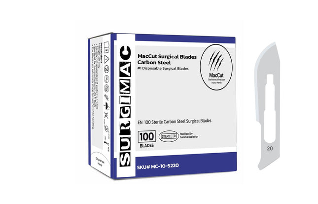 SurgiMac | 20 Sterile Carbon Steel Surgical Scalpel Blade | MacCut by SurgiMac | Box of 100 | MC-10-5220