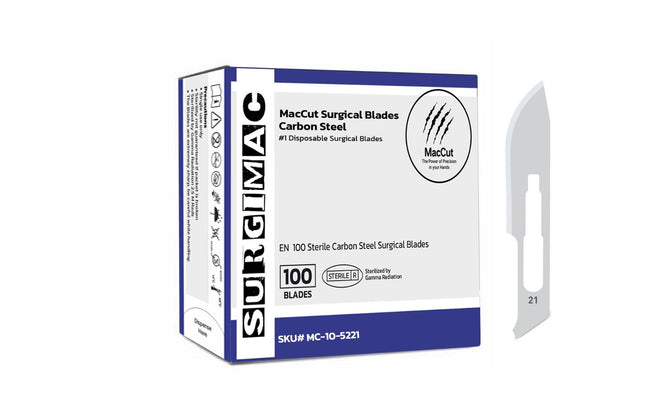 SurgiMac | 21 Sterile Carbon Steel Surgical Scalpel Blade | MacCut by SurgiMac | Box of 100 | MC-10-5221