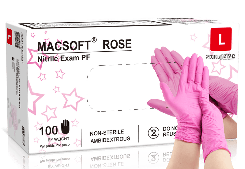 SurgiMac Nitrile Exam Glove, Chemo Tested, Rose Pink, MacSoft, 100/Box | SurgiMac Dental Supply