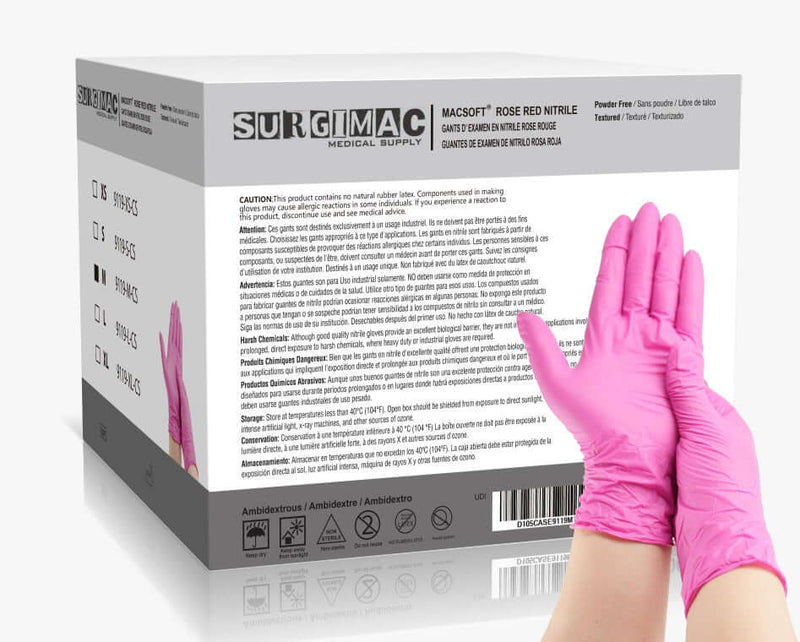 SurgiMac Nitrile Exam Glove, Chemo Tested, Rose Pink, MacSoft, 100/Box | SurgiMac Dental Supply