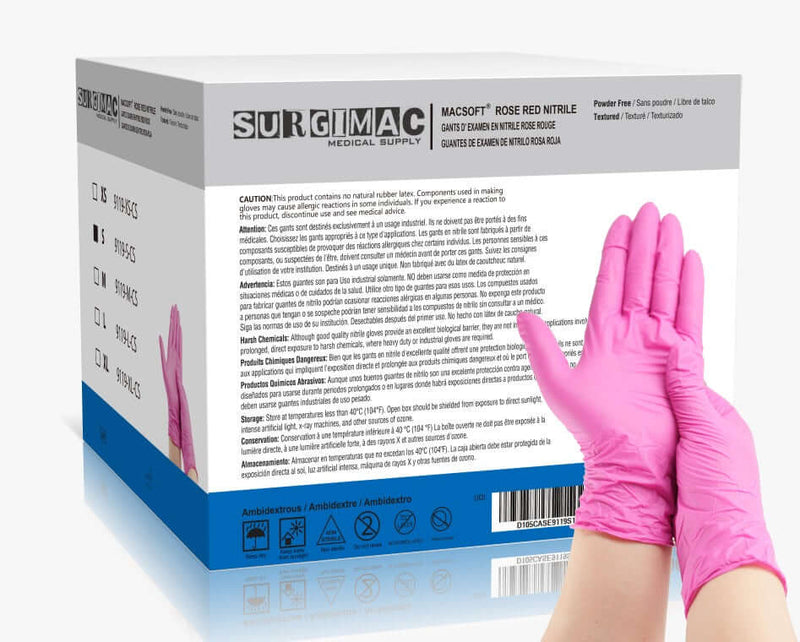 SurgiMac Nitrile Exam Glove, Chemo Tested, Rose Pink, MacSoft, 100/Box | SurgiMac Dental Supply