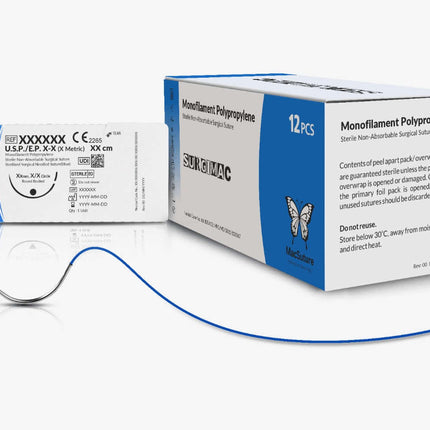 5/0, 18" Polypropylene Sutures with C-6 reverse-cutting 19mm needle (3/8 circle)