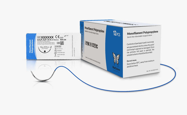 5/0, 18" Polypropylene Sutures with C-6 reverse-cutting 19mm needle (3/8 circle)