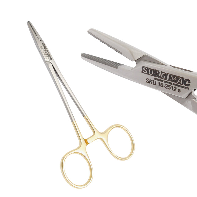 SurgiMac | SurgiMac 5.5"" Needle Holder w/ TC, Serrated Jaws, Straight, Gold Ring Handle, Pro Series, 1/Pk | 16-2512-P