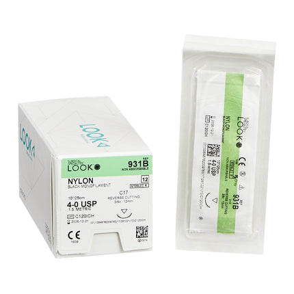 Look Nonabsorbable Suture with Needle LOOK Nylon C17 3/8 Circle Reverse Cutting Needle Size 4 - 0 Monofilament | 931B | Corza Medical | SurgiMac