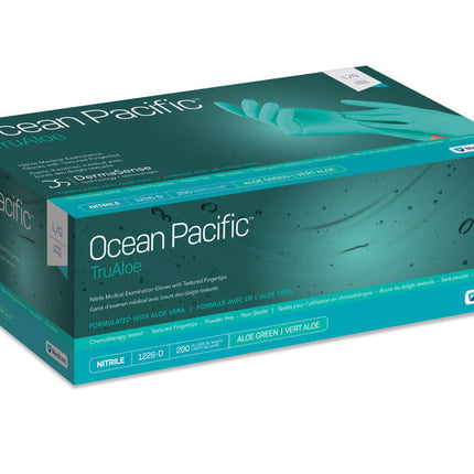 Ocean Pacific TruAloe Nitrile Exam Gloves, PF, Textured, Green. 200/Bx, 10 Bx/Cs
