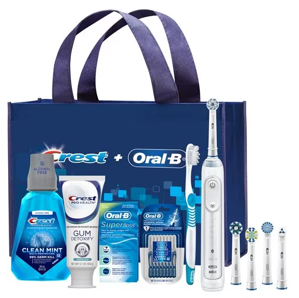 Oral-B Electric Toothbrush; Crest Pro-Health Gum Detoxify Toothpaste (3.7 Oz); Crest Clean Mint Rinse (250 Ml); Oral-B Superfloss Mint (50 Ct.); Oral-B Sensitive Toothbrush; Precision Clean Brush (20 Ct); Sensitive Gum Care, Clean. 3/cs