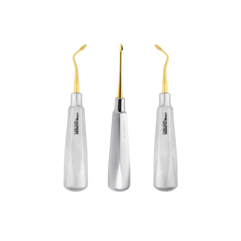 SurgiMac Spade Elevators, Left, Right & Straight (Set), Gold (TiN) Tips, Stainless Steel, Air Series, 3/Pk | SurgiMac Dental Supply