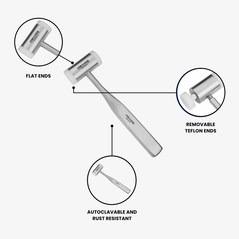 SurgiMac Surgical Mallet, Teflon Head, Shock Absorbing, 18cm, Stainless Steel, Pro Series, 1/Pk