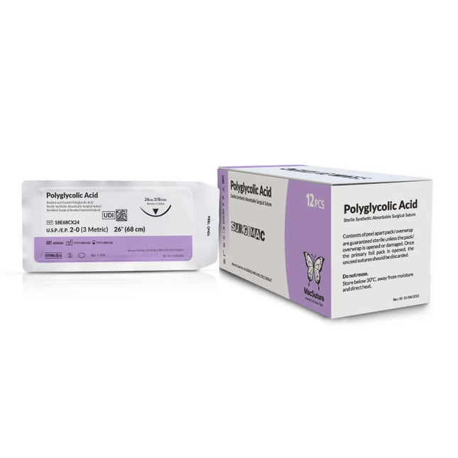 SurgiMac 2-0 26" Braided & Coated Suture, Polyglycolic Acid 24mm 3/8, Circle Reverse Cutting Needle, MacSuture, 12/Pk | SurgiMac Dental Supply