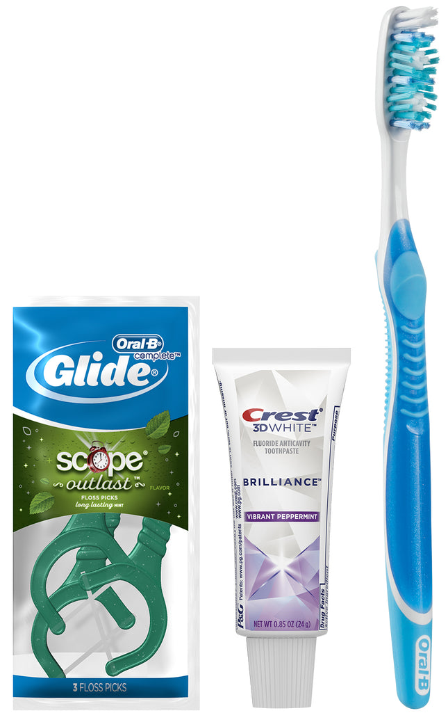 Procter & Gamble | Oral-B Vivid Whitening Toothbrush (35 Soft),Crest 3d White Brilliance Toothpaste (.85 Oz), Oral-B Glide Plus Scope Outlast Floss Picks, (3-Pack Sachet); Free Patient Sample Bags, 72 Bundles/cs | 80725477