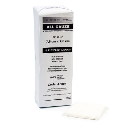 Gauze Sponge, 4" x 4", 12-Ply, Non-Sterile, Indexed, 10s, 200/bg, 10 bg/cs