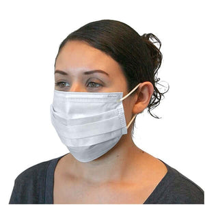 BeeSure Earloop Face Mask, WHITE. 3-ply, 4-fold ear-loop face mask 50/Box | SurgiMac Dental Supply