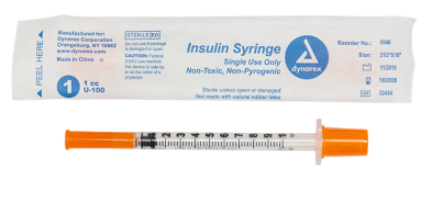 Dynarex Insulin Syringe N/S Individual Wrapped 1cc 31G 5 Count (31G, 5/16")