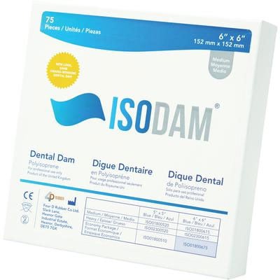 IsoDam 6" x 6" Medium Blue Latex Free Dental Dam, Package of 75