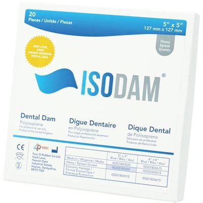 IsoDam 5" x 5" Heavy Blue Latex Free Dental Dam, Package of 20