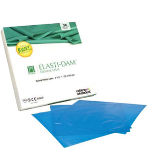 Elasti-Dam Medium, Blue 6" x 6", 36/Box. is considerably more elastic and tear | SurgiMac Dental Supply
