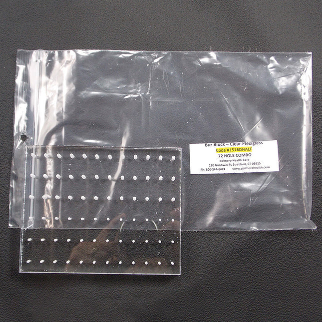 Plexiglas, Clear, 72 Hole Bur Blocks, 5" x 2" x 1/2", 10/16 Hole Spacing