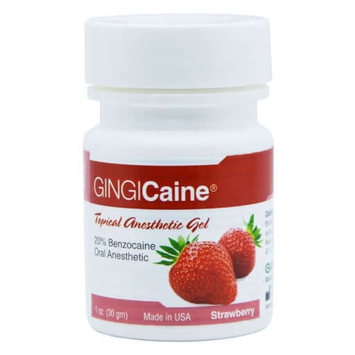 GINGICaine Strawberry flavored topical anesthetic (Benzocaine 20%) gel, 1 ounce | SurgiMac Dental Supply